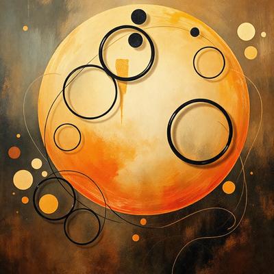 The primary subject of the image is a large, round, orange circle with black circles surrounding it. The setting is a painting, and the visual style is a combination of digital art and illustration. The dominant colors are orange and black, creating a vibrant and bold atmosphere.